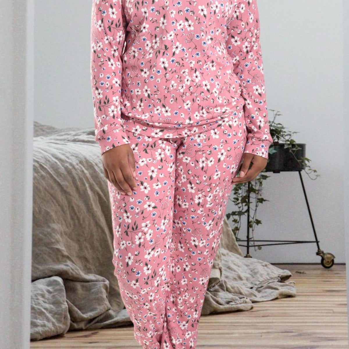 Ladies Pink Rib Knit Floral Pj Set – Forever Sleepy